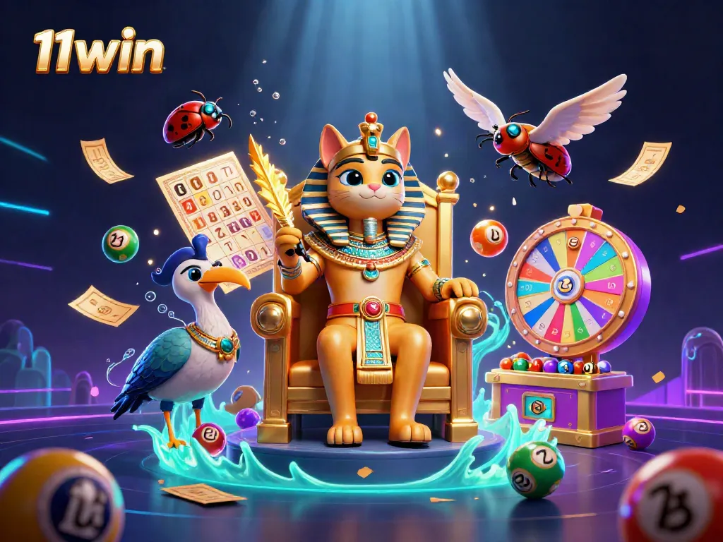 Explore the 11win experience with vibrant casino elements and a cat pharaoh in an exciting scene.