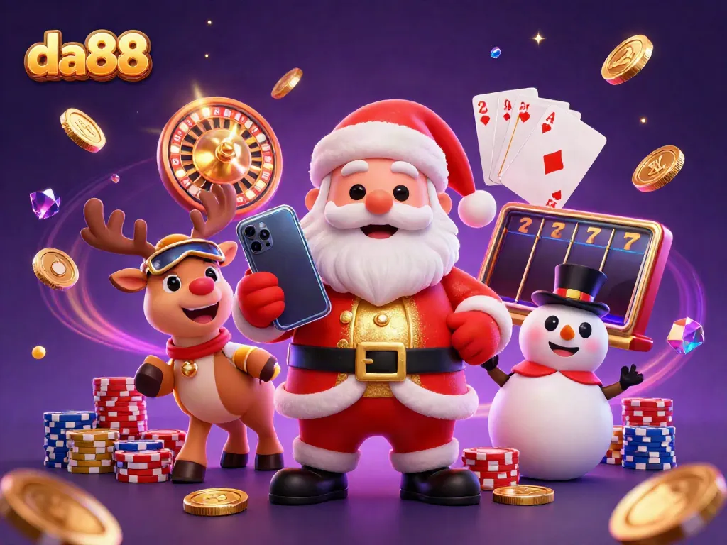Experience excitement at da88 with Santa, his reindeer dealer, and a poker chip snowman in a vibrant casino.