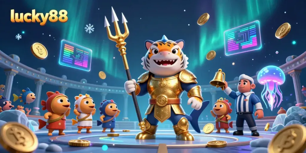 Engage in thrilling gameplay at lucky88 with a vibrant underwater colosseum scene featuring a golden gladiator shark and crypto elements.