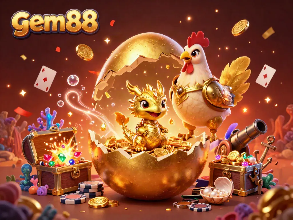 Experience the thrilling world of gem88 with a captivating 3D illustration featuring a golden dragon and poker chips.