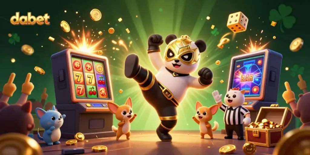 Experience the excitement of dabet with a lively scene of a wrestler panda and animal spectators celebrating wins.