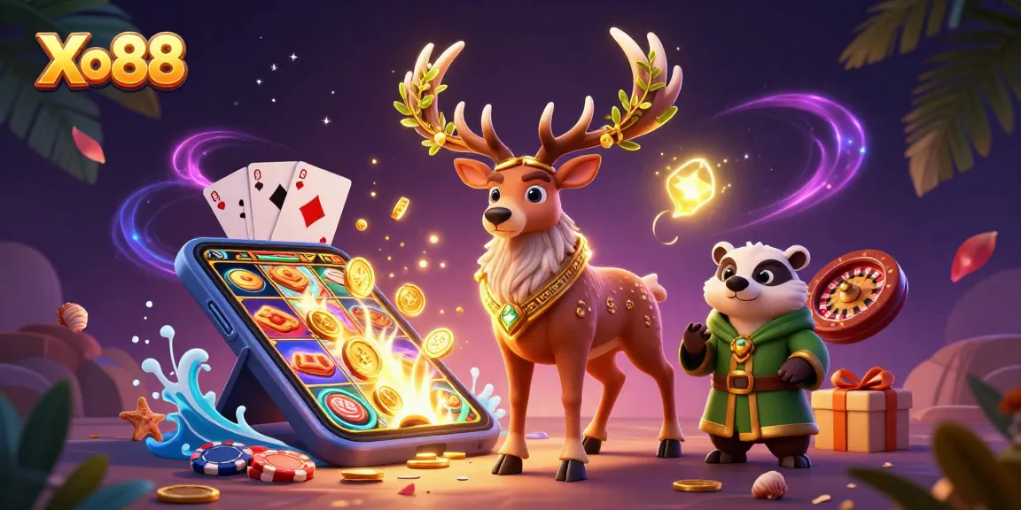 Xo88 captivates players with a cinematic scene featuring druid stag, badger, and dynamic slot game elements.