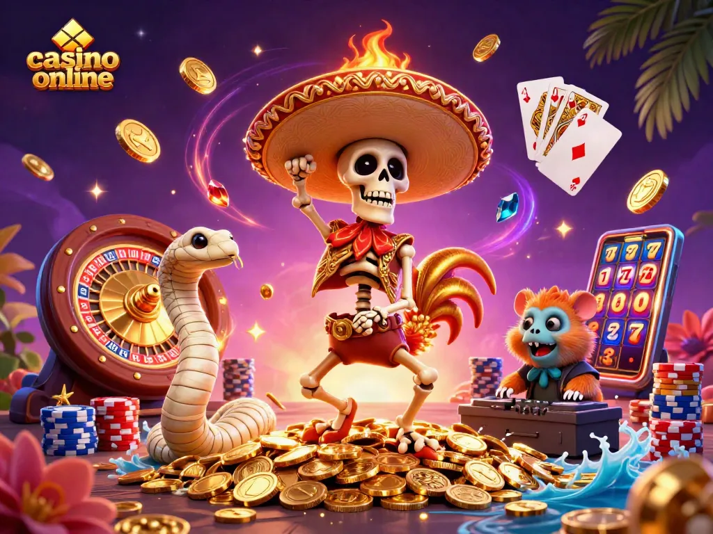Gana en el casino online con el esqueleto mariachi y un DJ hámster rodeados de monedas doradas.