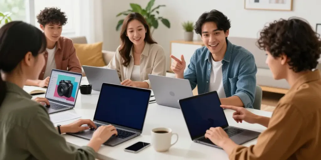 Shoppers excitedly exploring various productos in a vibrant online retail environment.