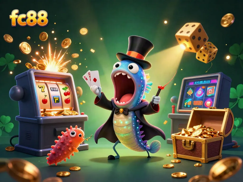 Engaging fc88 illustration showing a vibrant underwater casino scene with characters performing magic tricks.