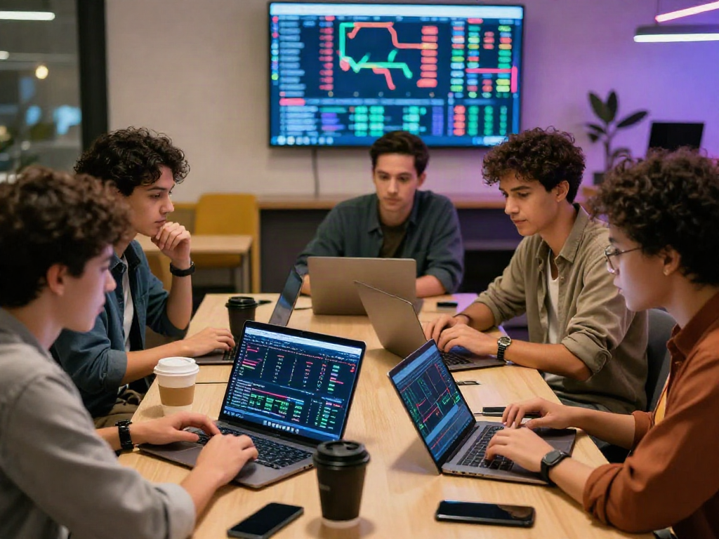 Grupo de jóvenes analizando el precio btc en un espacio de trabajo moderno, rodeados de tecnología.