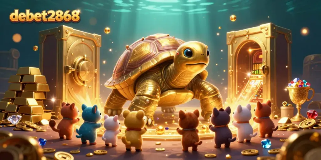 Experience the vibrant gaming world of debet2868 with rich visuals of a golden tortoise pinball machine and gem treasures.