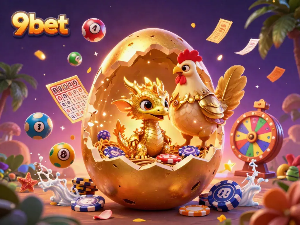 Engage in thrilling gaming action at 9bet, featuring a golden dragon and bouncing lottery balls.
