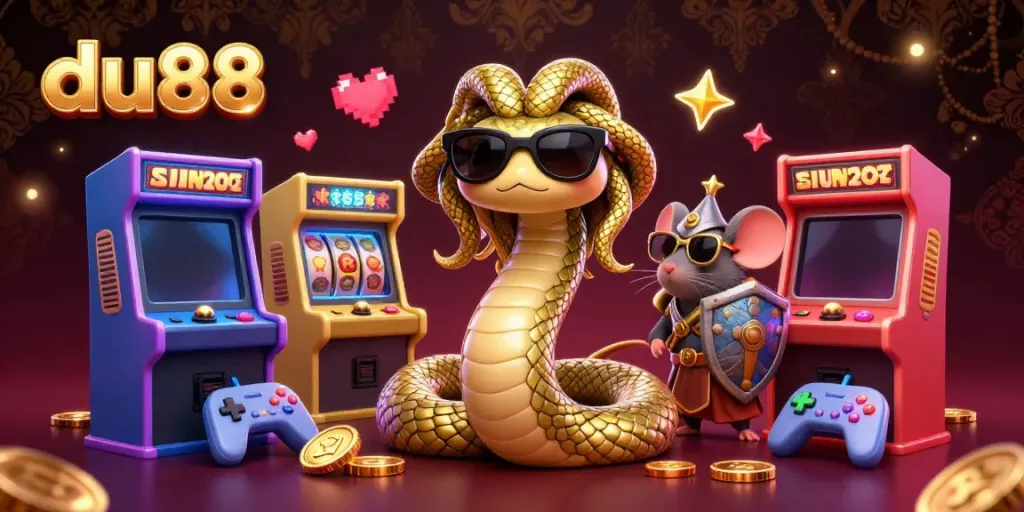 Engage in thrilling gaming action with du88, featuring a cute Medusa and warrior mouse amidst vibrant casino elements.