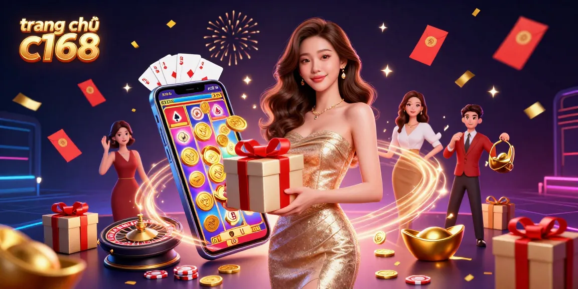 Engage with trang chủ c168 at this vibrant casino-themed illustration showcasing a festive atmosphere with games and prizes.