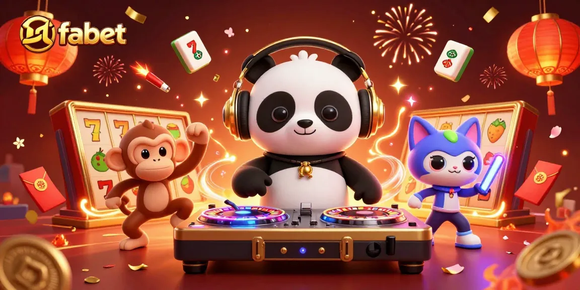 Fabet showcases vibrant 3D casino scene with DJ panda spinning and festive elements.