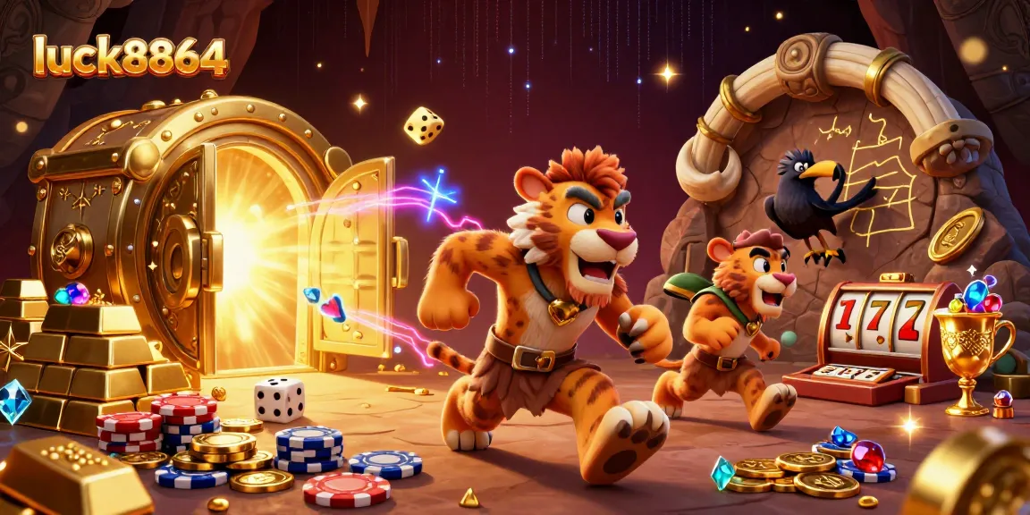 Experience the thrill of luck8864 with cavemen and tigers in an ancient casino scene.