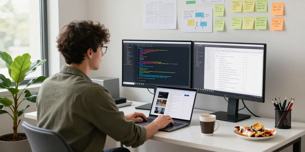 Build internal tools with AI in a vibrant workplace showcasing coding, collaboration, and innovation.
