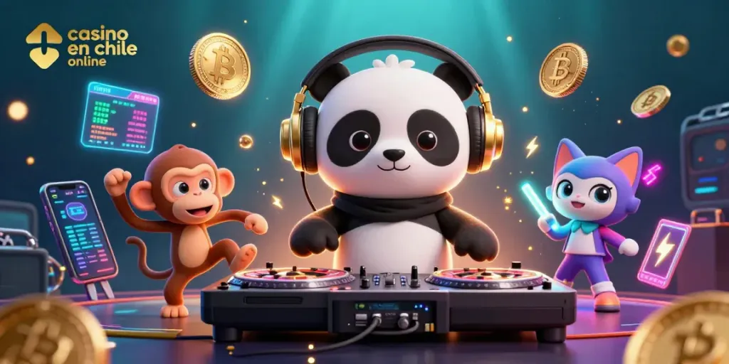 Disfruta del casino en Chile online con un panda DJ y una fiesta de luces y colores vibrantes.