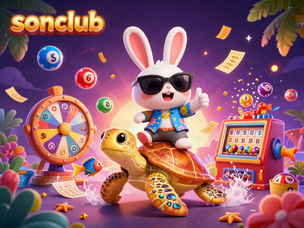Experience sonclub's thrilling gaming chaos with a lucky rabbit and golden turtle amid a vibrant lottery atmosphere.