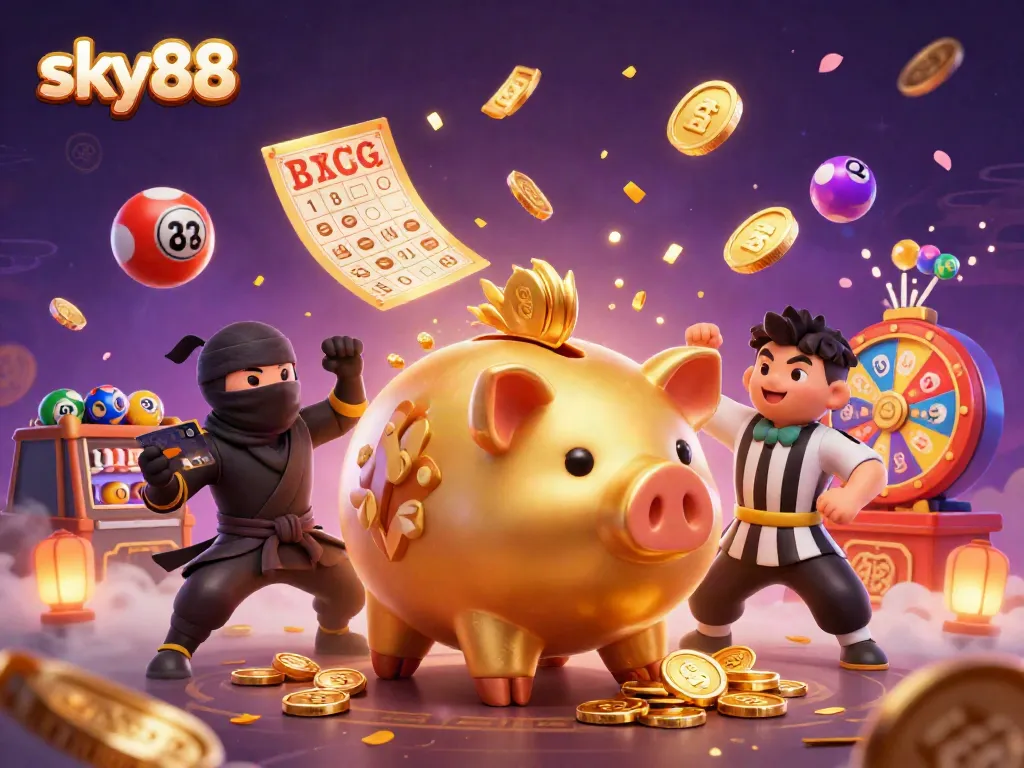 Experience thrilling gambling action with sky88's vibrant casino illustration featuring colorful game elements and engaging characters.