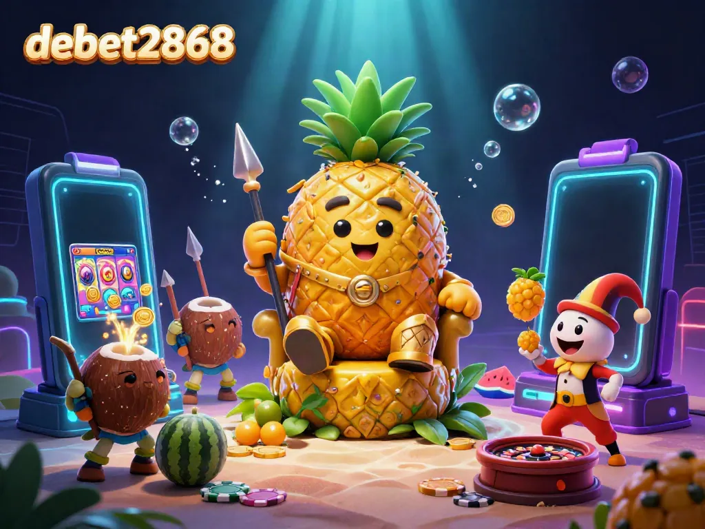 Engage with debet2868's vibrant casino world showcasing a 3D pineapple king, coconut guards, and action-packed gaming elements.
