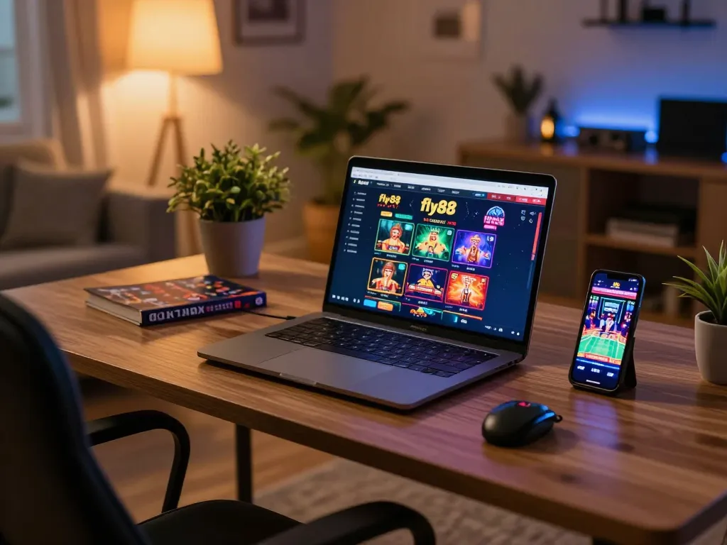 Engaging online gaming session with fly88 showcased on laptop, emphasizing strategic gameplay.