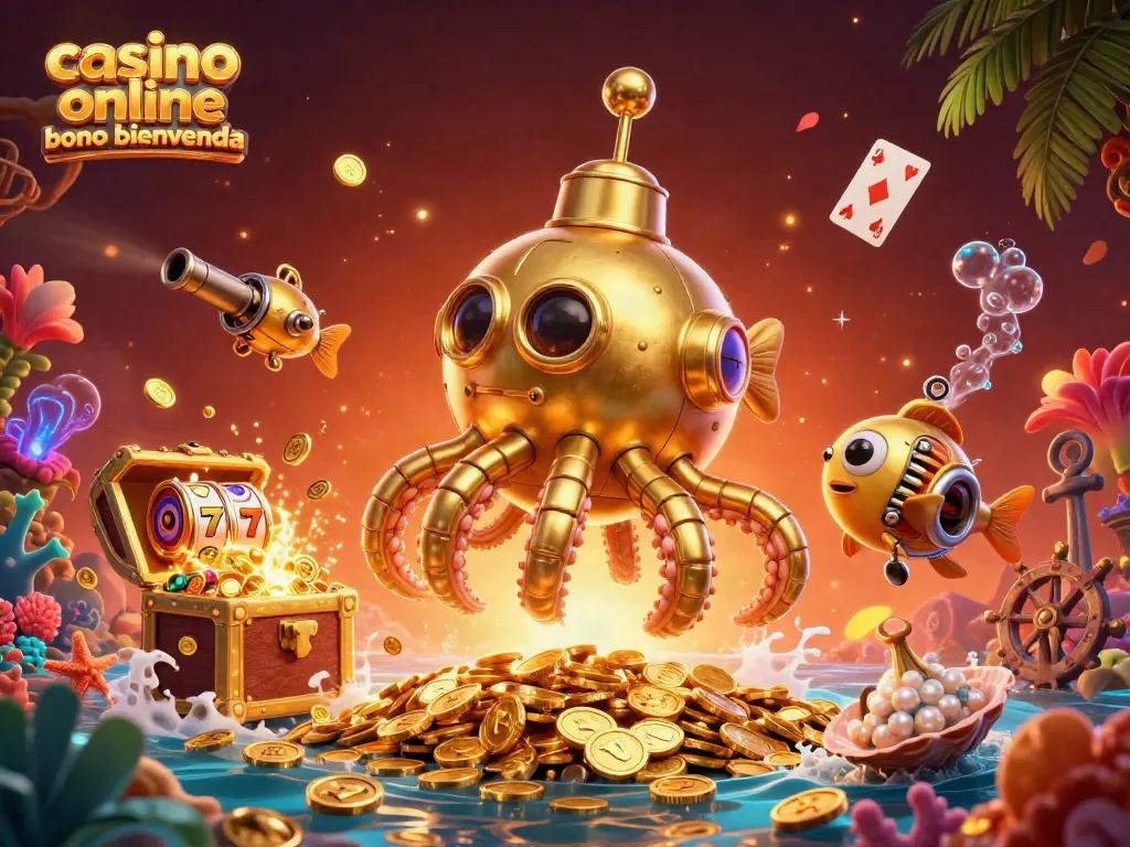 Ilustración 3D de un kraken dorado y peces mecánicos en un fondo brillante; casino online chile bono de bienvenida.