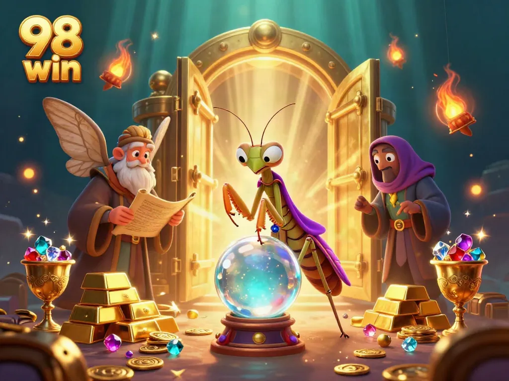 Experience the magic of 98 win with a fantasy casino scene featuring enchanting characters and treasure.