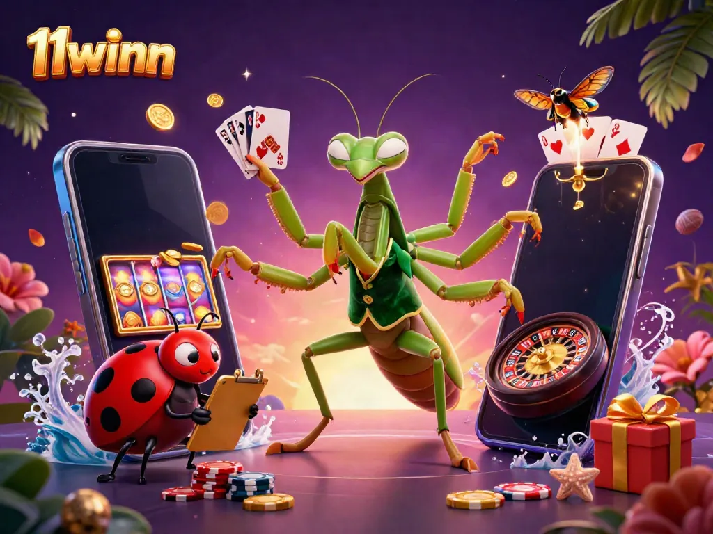 11winn showcases an exciting gambling scene with vibrant characters, games, and golden coins erupting, embodying the thrill of online betting.