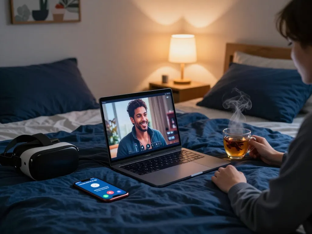 Engaging in an ai porn chat in a cozy bedroom with warm lighting.