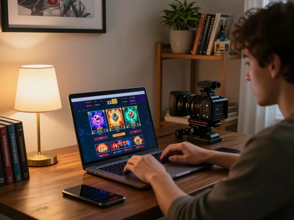 Engaged player exploring xx88 online casino interface on laptop in a cozy home environment.