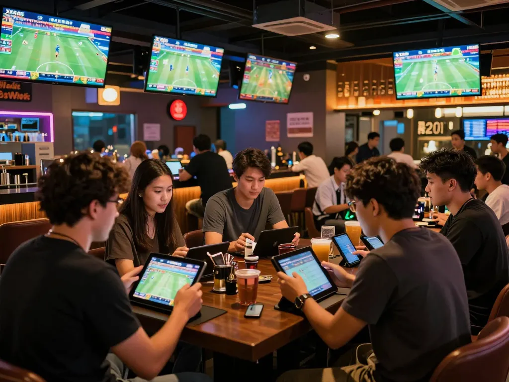 Patrons engaging in sports betting excitement at XX88 lounge, analyzing odds on devices