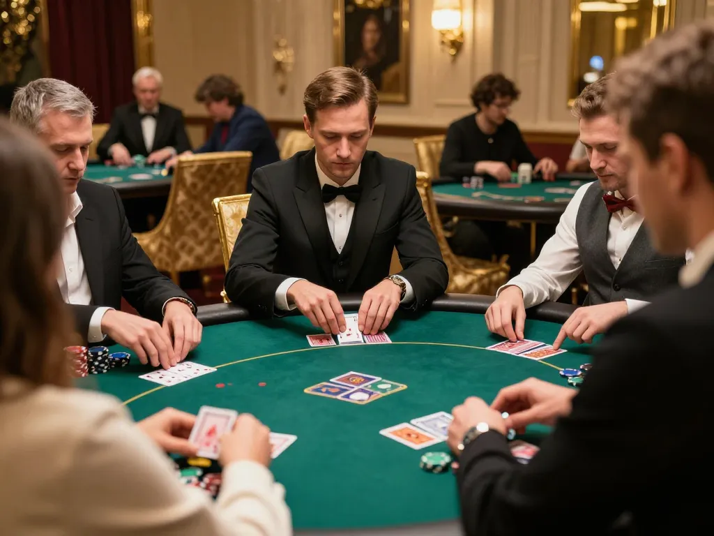 Players engaging in a strategic poker game at a luxury casino, highlighting gg88 gaming intensity.