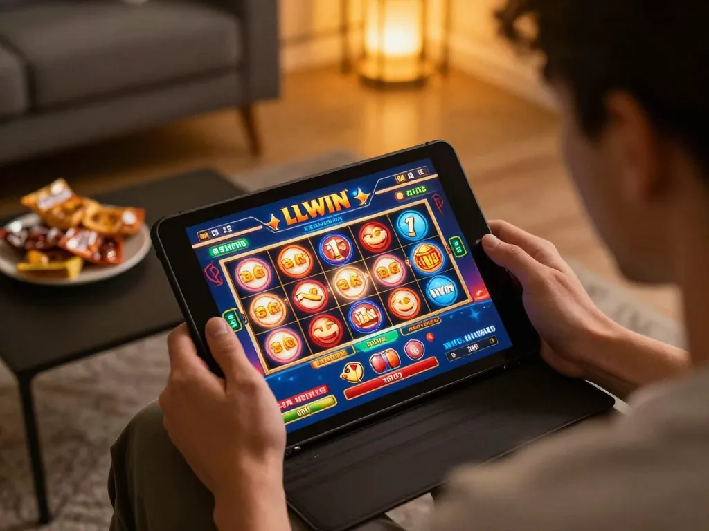 Player engaging in LLWIN online casino gaming on tablet in a cozy home environment.