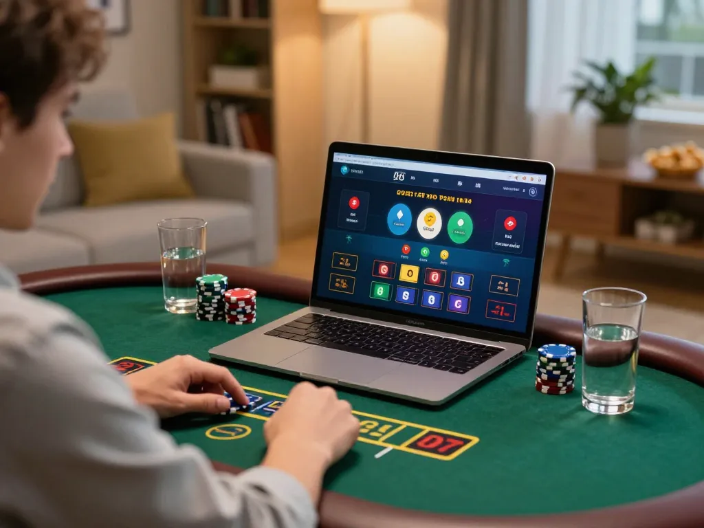 Engaged player at casinoalicante enjoying online blackjack game on laptop, vibrant home setting.