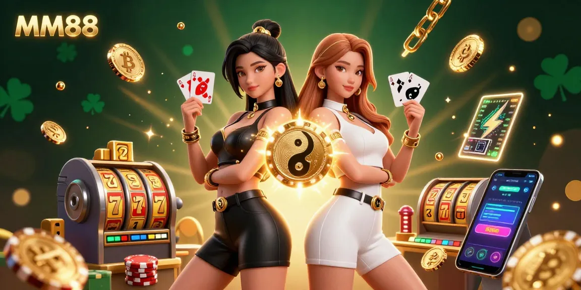 Experience winning strategies with MM88 in a vibrant casino-themed 3D illustration featuring strong twin Asian women.