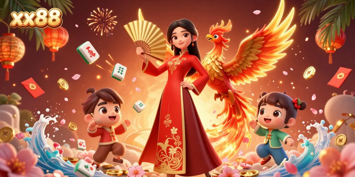 Winning at slots with xx88 as a 3D woman and phoenix amidst vibrant casino elements.