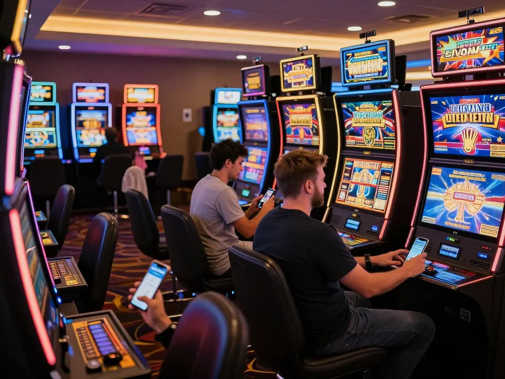 Players engaging in thrilling online gaming experiences with qq8827's vibrant slot machines and mobile devices