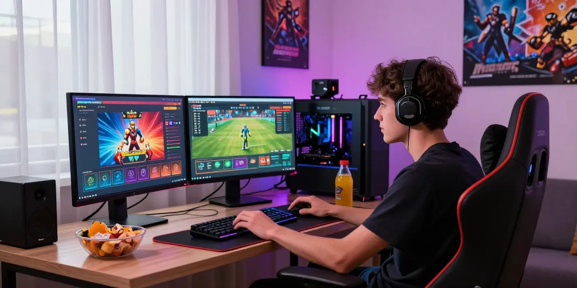 Online gaming enthusiasts at https://xx88.se.net/ engage deeply with a dual-monitor setup while enjoying a vibrant gaming atmosphere.