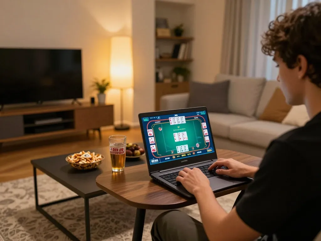 Player enjoying online poker on 88bet with competitive gameplay in a cozy home setting