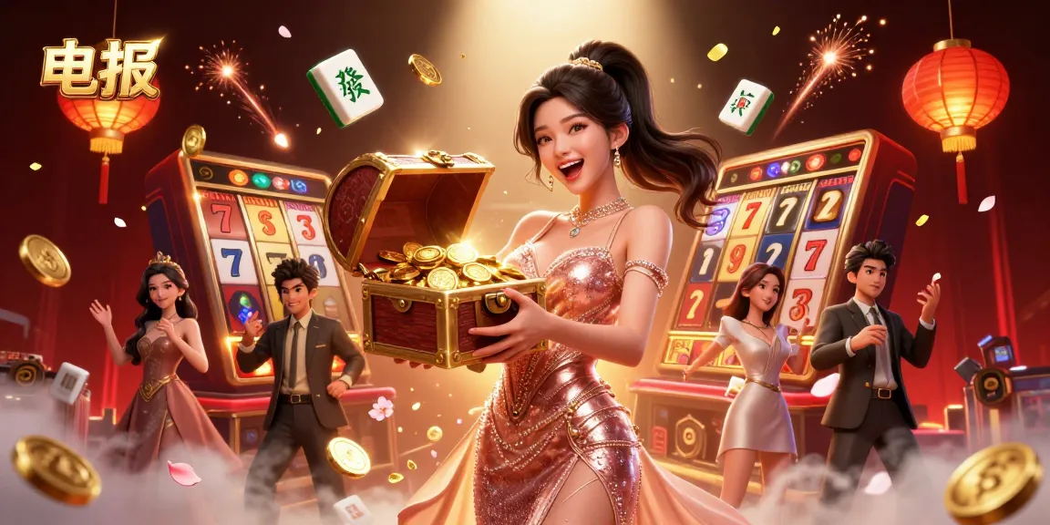 参与刺激的电报赌场内容，展示一位快乐的女性揭示赌资宝藏箱。