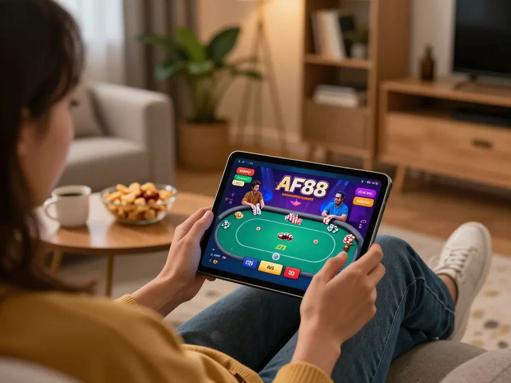 Engaging online gaming experience on AF88 with a user enjoying a poker game on a tablet.