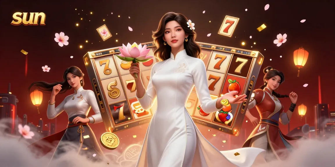 Sun shines on a vibrant casino scene with an elegant woman and exciting slot game elements.