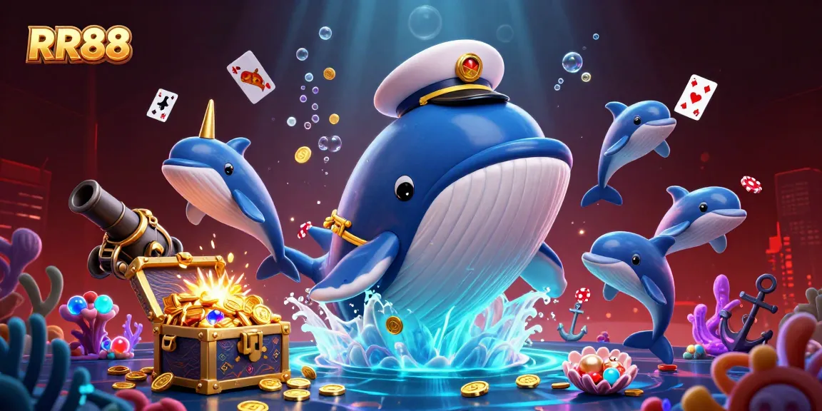 Engage with RR88’s vibrant underwater casino scene featuring a playful whale, narwhal, and dolphins.