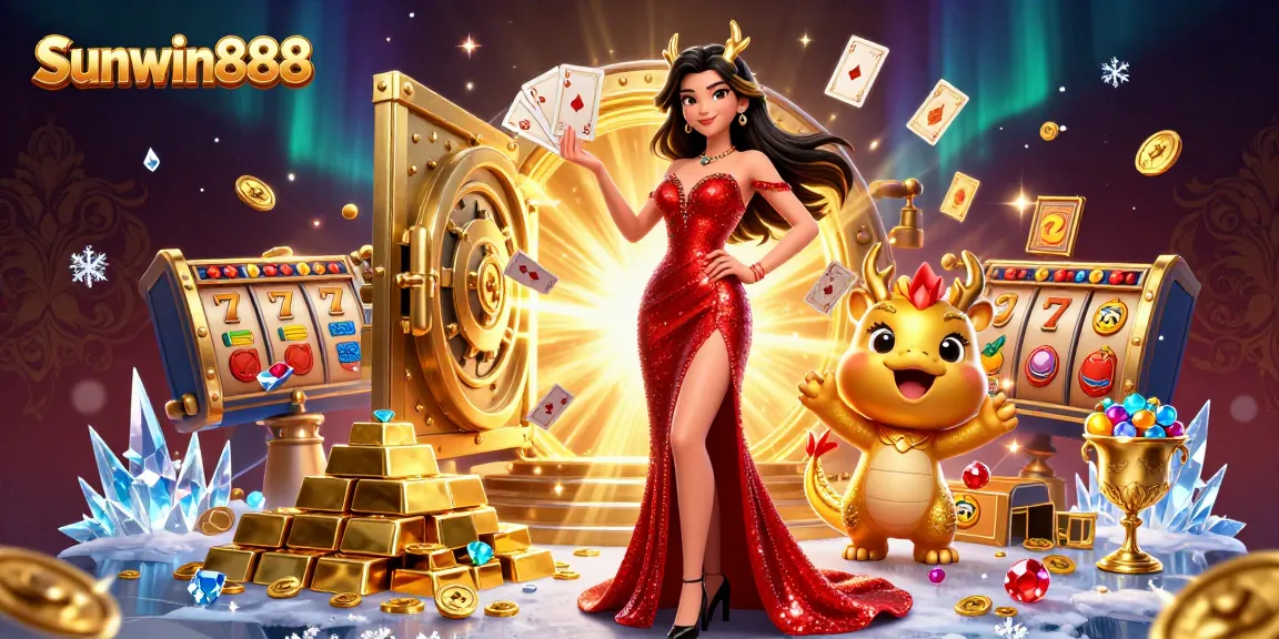 Engage with sunwin888 slots and jackpots surrounded by gems and gold treasures in this vibrant illustration.