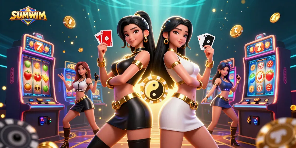 Experience SUMWIM's excitement with twin women playing cards in a vibrant casino illustration.