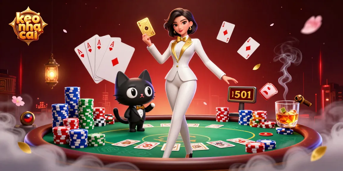 Engage in thrilling poker action at keo nha cai, featuring a glamorous dealer and vibrant casino elements.