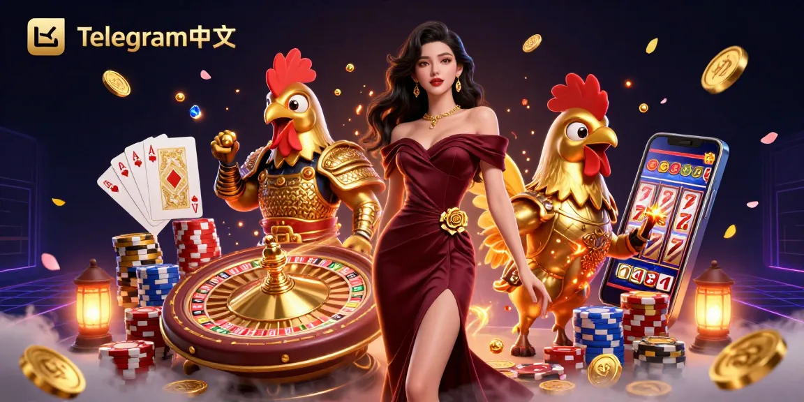 通过Telegram中文赢取丰厚奖金，展示一位华丽女性和一位金色公鸡战士在激动人心的赌场场景中。