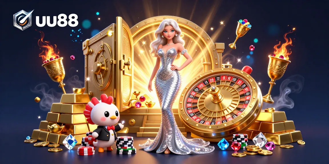 Experience exciting gaming moments at uu88 with an elegant mermaid beside a golden roulette wheel.