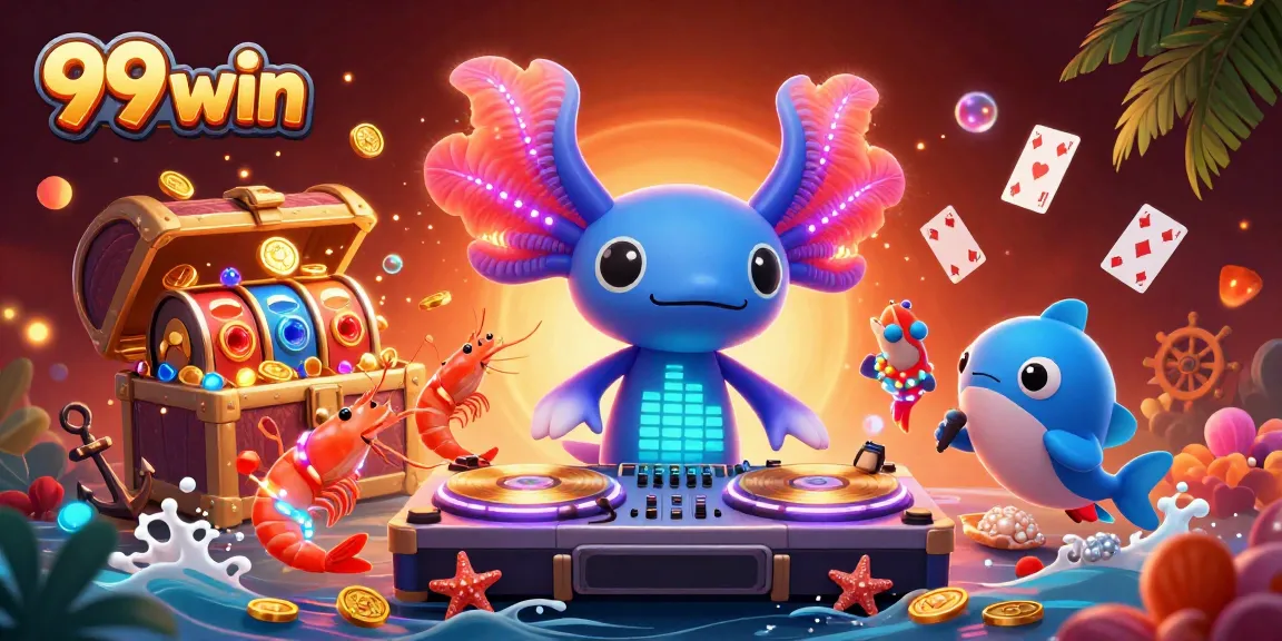 Experience 99 win with lively 3D casino characters surrounded by slots and treasures