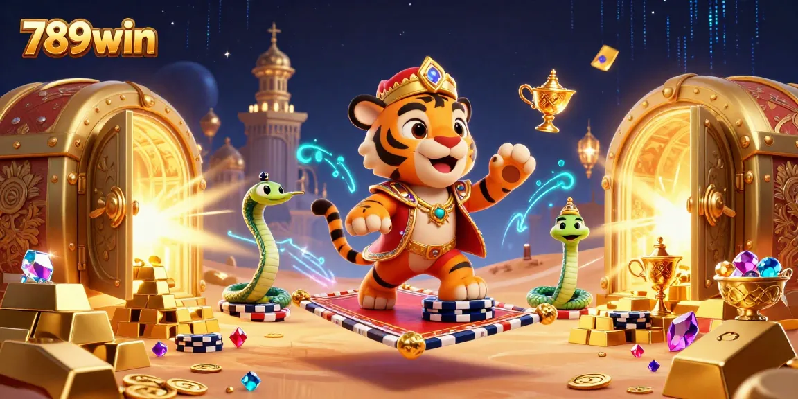 Engage with 789win through dynamic casino-themed illustration featuring a tiger sultan and treasures.