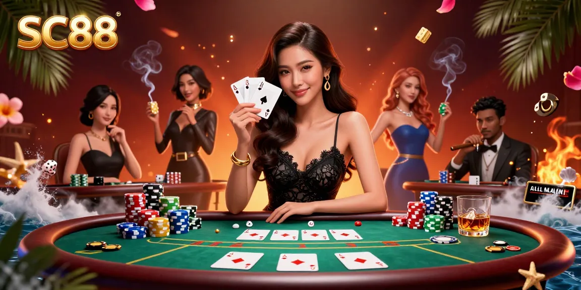 Experience SC88 with an elegant Asian woman showcasing her ace cards in a luxurious casino setting filled with poker elements.