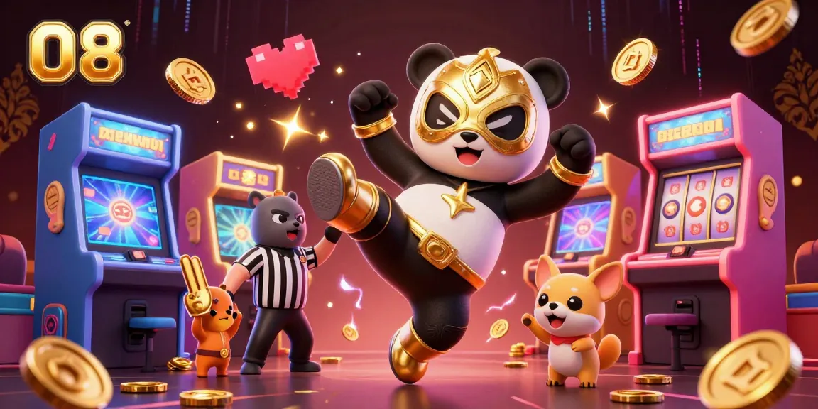 O8's exhilarating casino adventure features a panda wrestler and chihuahua referee amidst thrilling slot reels.