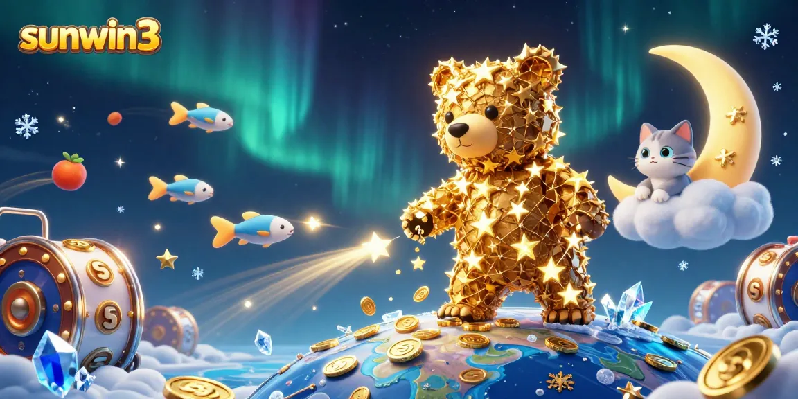 Experience the excitement at sunwin3 with a dynamic 3D rendering of a constellation bear collecting coins amid casino-themed elements.